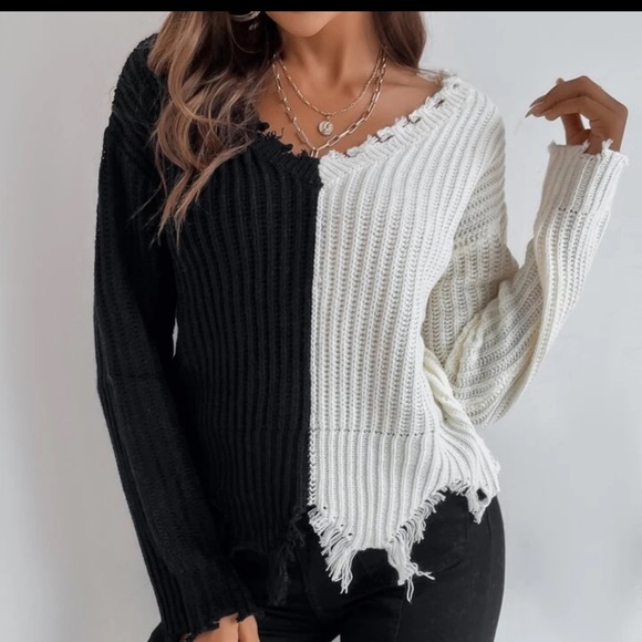 Shein Two Tone Drop Shoulder Distressed Trim Sweater 🧡 - Picture 4 of 7